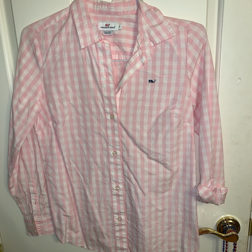 Pink and white gingham button down